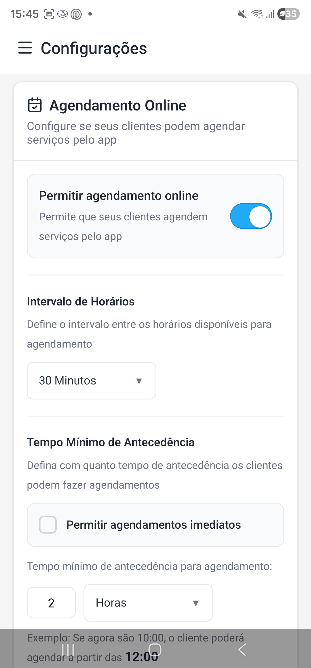 Configurações Agendamento Online