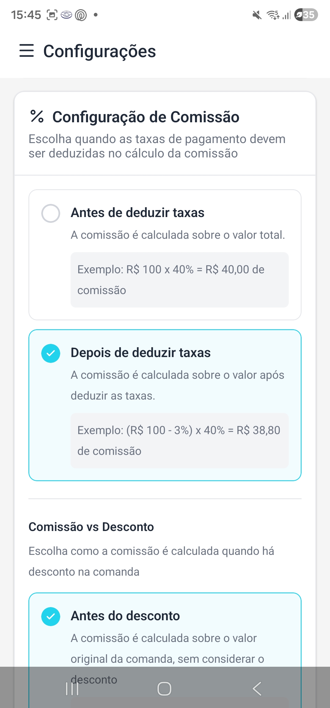 Configurações Comissões